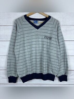 Vintage 80s Culver Champion V-Neck Sweatshirt Size Medium Gray Mens Striped